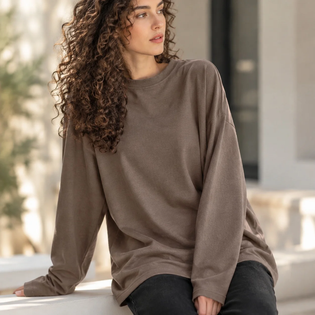 Loose Fit Distressed Top with Long Sleeve Hand Finished Japanese and Korean Casual Mid Length Pullover Crew Neck Women T Shirts