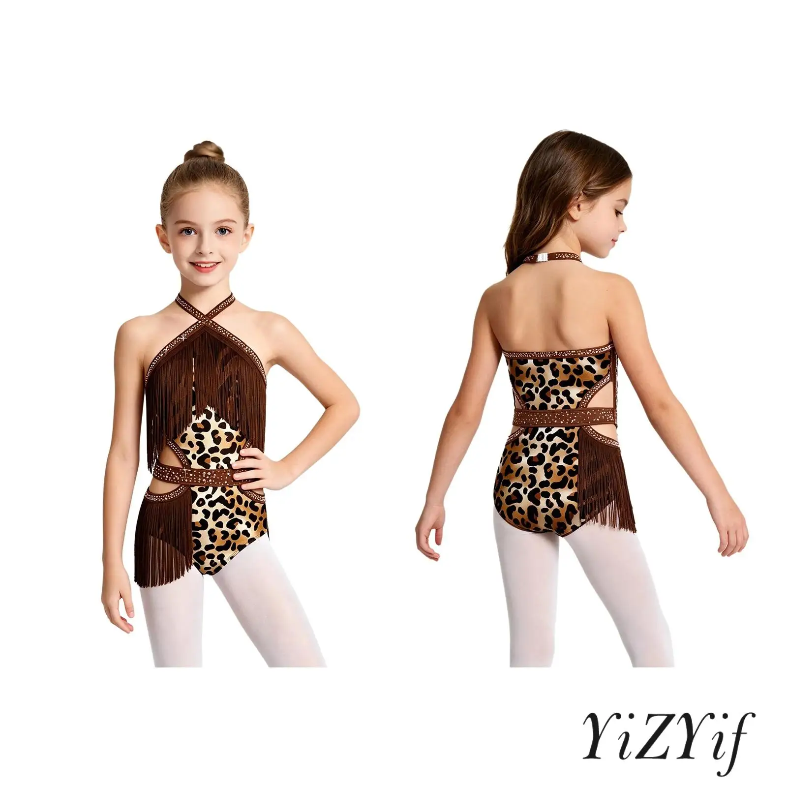 

Kids Girls Latin Tango Performance Dance Bodysuit Halter Criss Cross Side Hollow Out Rhinestone Tassel Jumpsuit Latin Dancewear