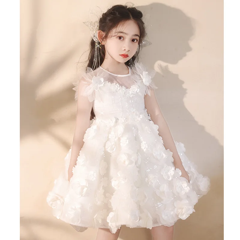 Girls White Elegant Evening Princess Ball Gown Children Fashion Birthday Party Wedding Host Performance Dress g77