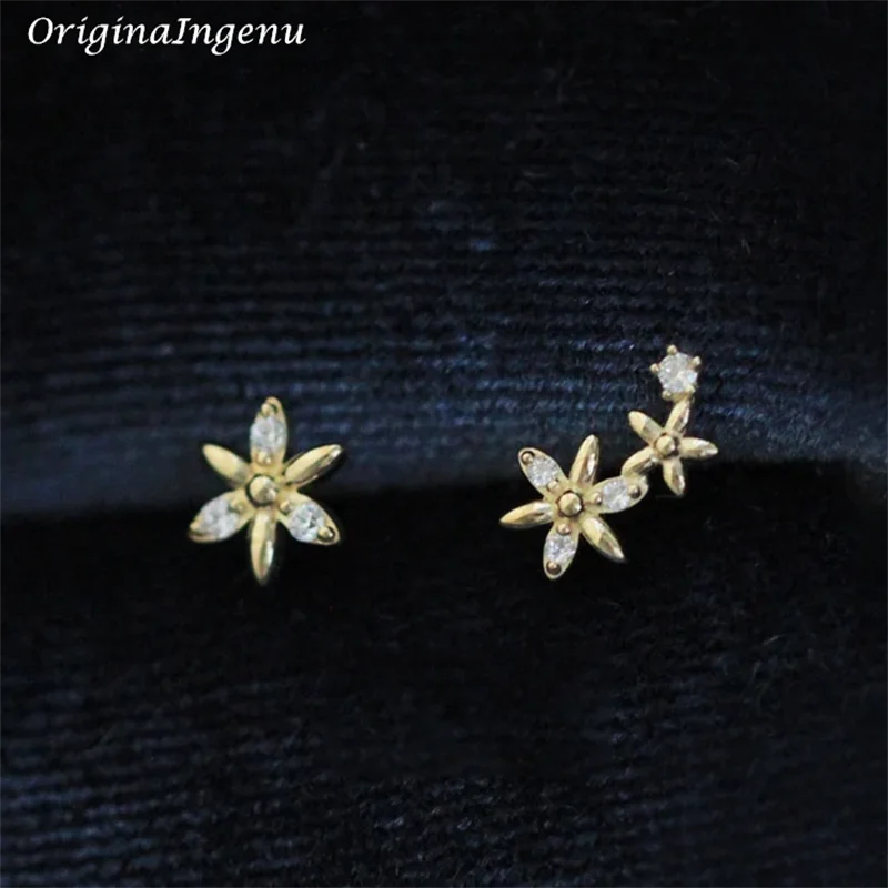 Solid 9K Gold Flower Stud Earrings Dainty Zircon Asymmetric Earrings 9k Gold Jewelry Minimalist Tarnish Resistan Fine Jewelry