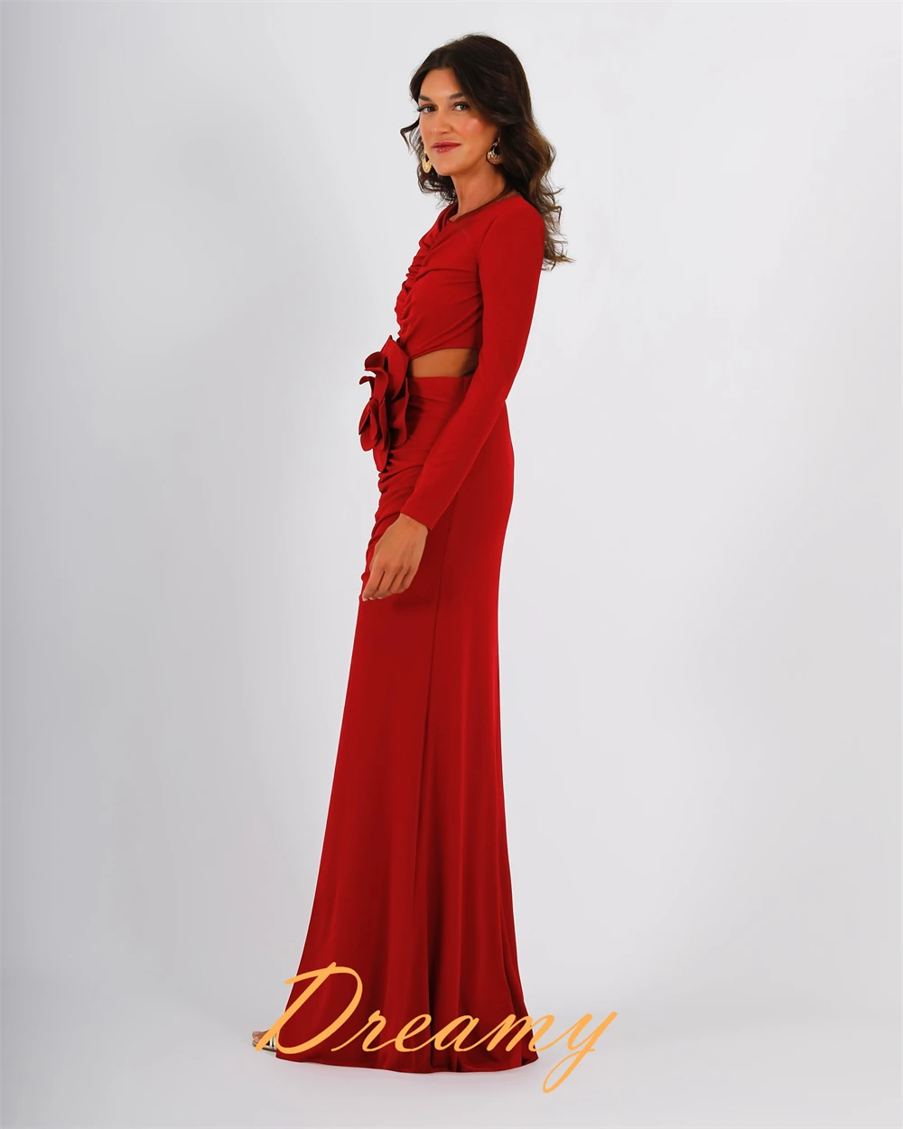 Customized​Customized Temperament Straight Front Slit Evening Dress Graceful Scoop Long Sleeves Party Dress Delicate Flowers Cel