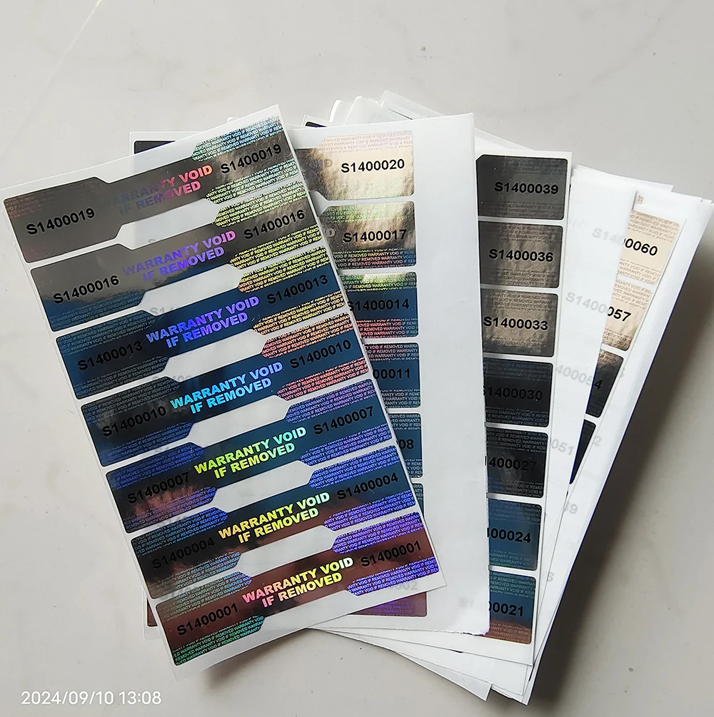 100 Stück 48 x 11 mm silberne Hologramm-Sicherheitssiegel mit einzigartiger Seriennummer VOID Left On Removal Dogbone Tamper Evident Label Sticker – Detail 4