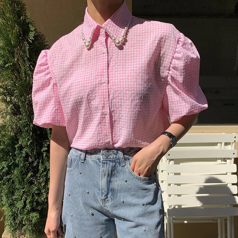Loose Women's Summer Shirt Grid Pattern Pearl Decoration Collar Short Sleeve Dongda Gate Casual Style Ladies' Premium Shirt