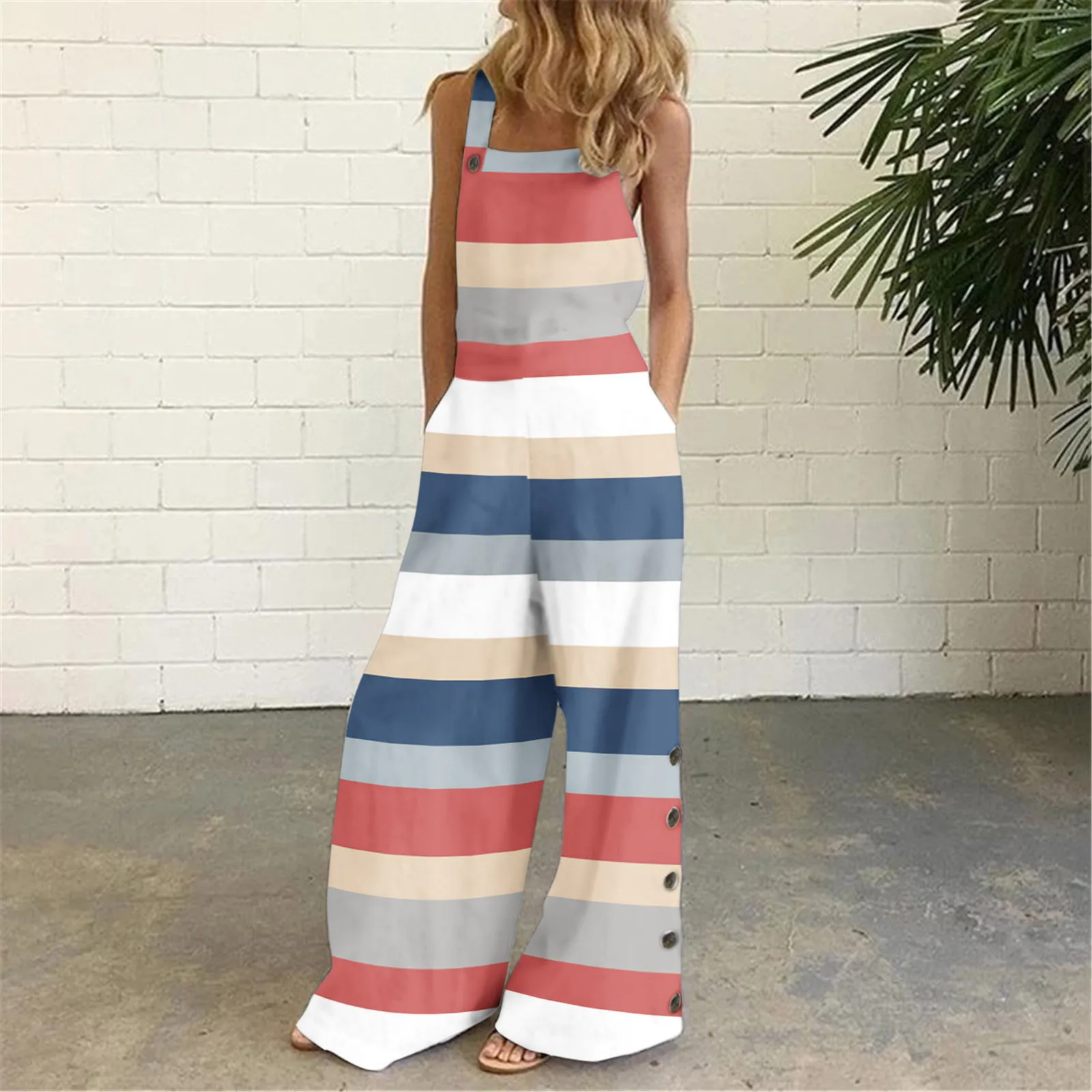 

Women Casual Loose Jumpsuit Pockets Baggy Bib Overalls Summer Beach Wide Leg Long Pants Romper Playsuit