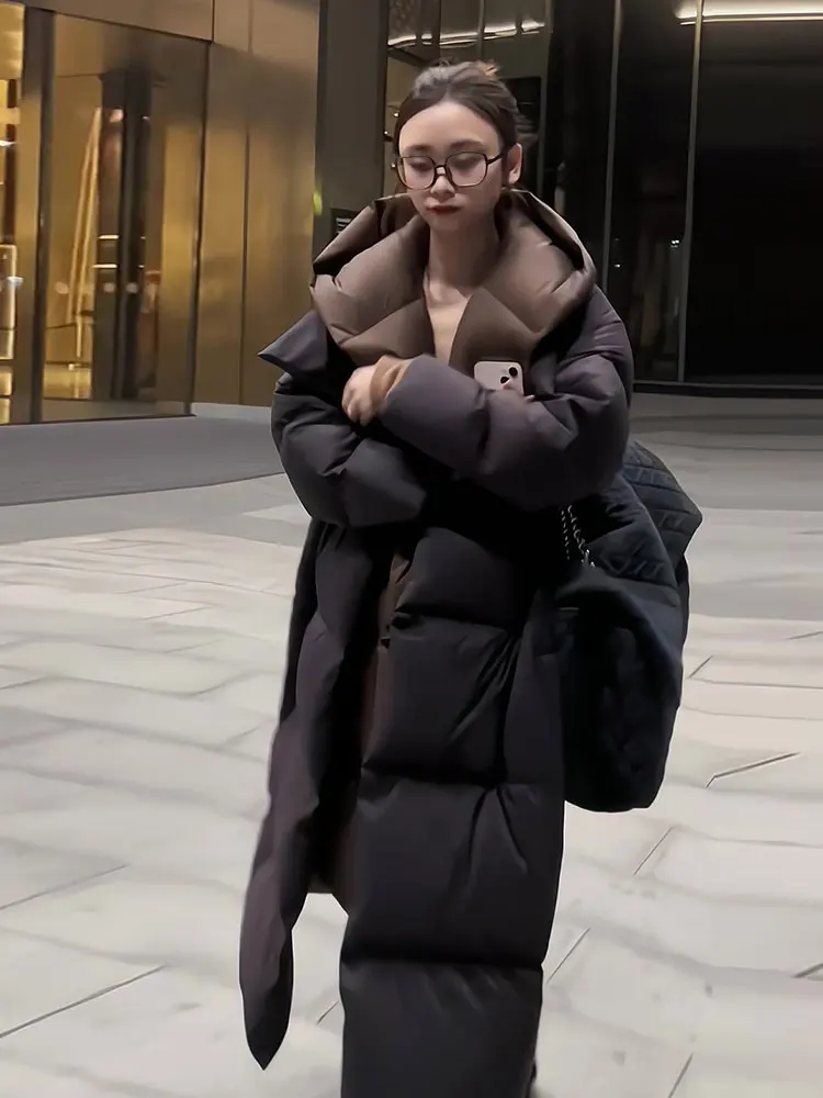 موضة رقيق الأبيض بطة أسفل سترة مقنعين الإناث موضة وهمية قطعتين سترات المرأة الشتاء سمك دافئ طويل معطف منتفخ #2