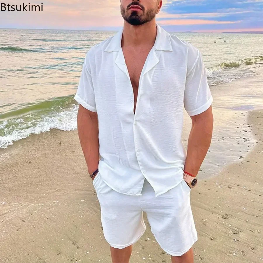 New 2024 Men\'s Summer Cotton Linen Sets Solid Short Sleeve Lapel Shirts and Shorts Sets Man Hawaiian Beach Holiday Clothing Sets