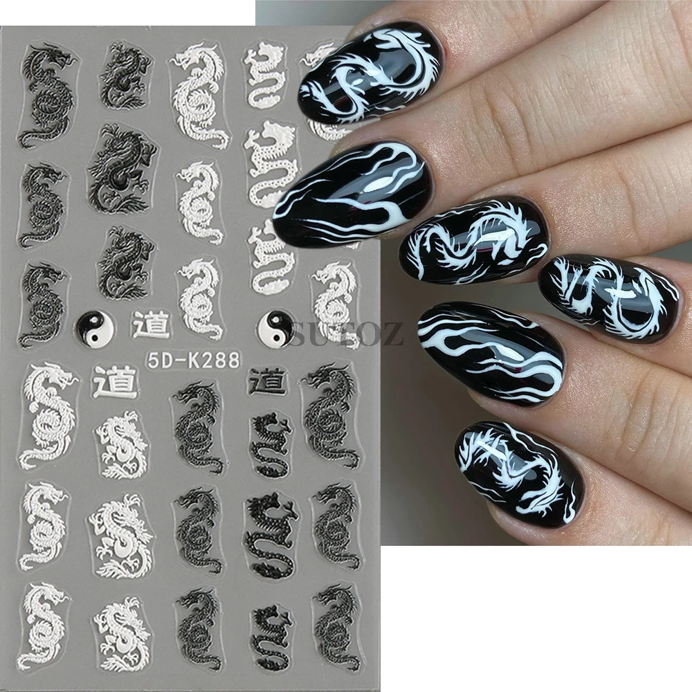 Ano Novo Chinês Nail Stickers, Branco, Preto, Dragão, 5D gravado Sliders, Snakes Encantos, Gothic Manicure Decor, LEB5D-K286