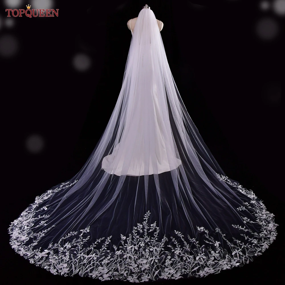 

TOPQUEEN V162 High Quality Bridal Veil Soft Tulle Floral Lace Cathedral Wedding Veil Single Layer Scalloped Trailing