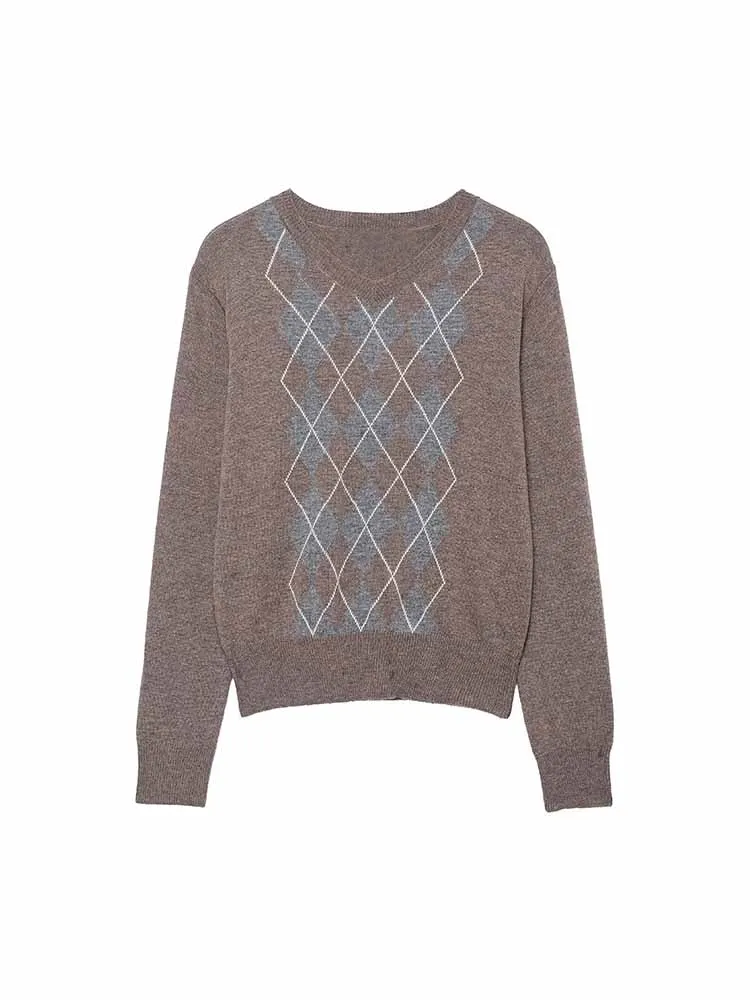 

Женский зимний новый модный модный простой и универсальный вязаный свитер с v-образным вырезом и ромбовидным узором в европейском и американском стиле