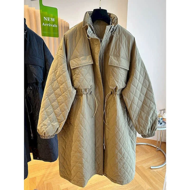 Quilted Coats Lightweight Cotton Added Jackets for Women Long Sleeved Knee-length Waisted Casual Vintage Winter Women Clothing