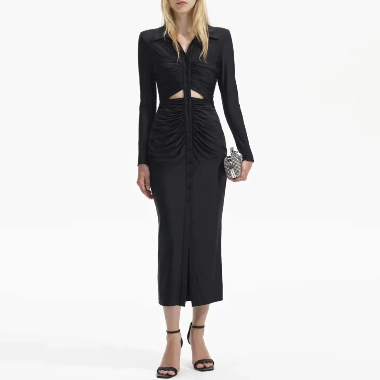 

Women waist hollow black dress v-neck long sleeve slim long dress