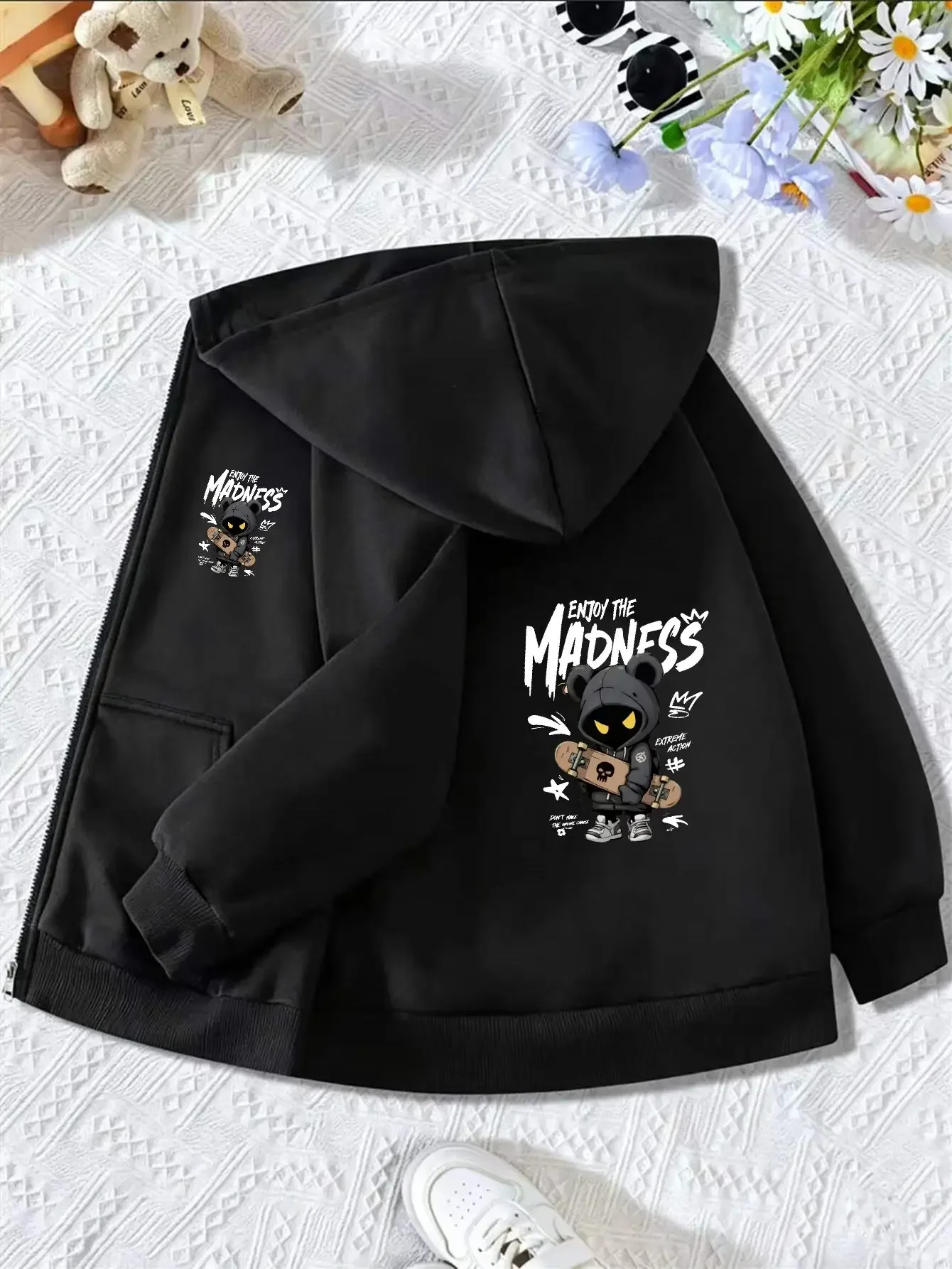 Street Skateboard Bear Cartoon Print Kids Hoodie Zip Up Fleece Lined Autumn Winter Children Casual Warm Hooded Sweatshirt