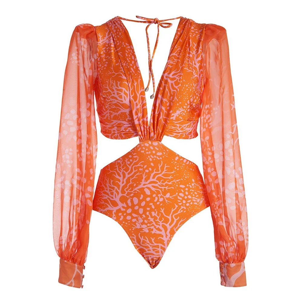 Bañador de una pieza para mujer, traje de baño de manga larga, Monokini con estampado de vendaje, traje de baño negro Sexy con cordón, ropa de playa sin espalda 2021