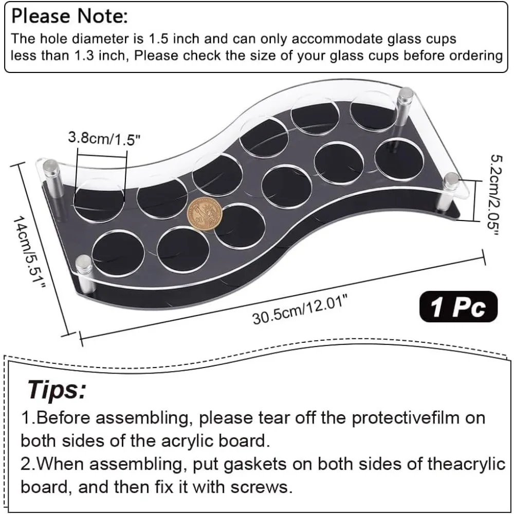 12 Shot Glass Tray Holder Bar Acrylic Shot Glasses Holders Wine Glass Cup Serving Tray with Black Base Cups Organizer Shot