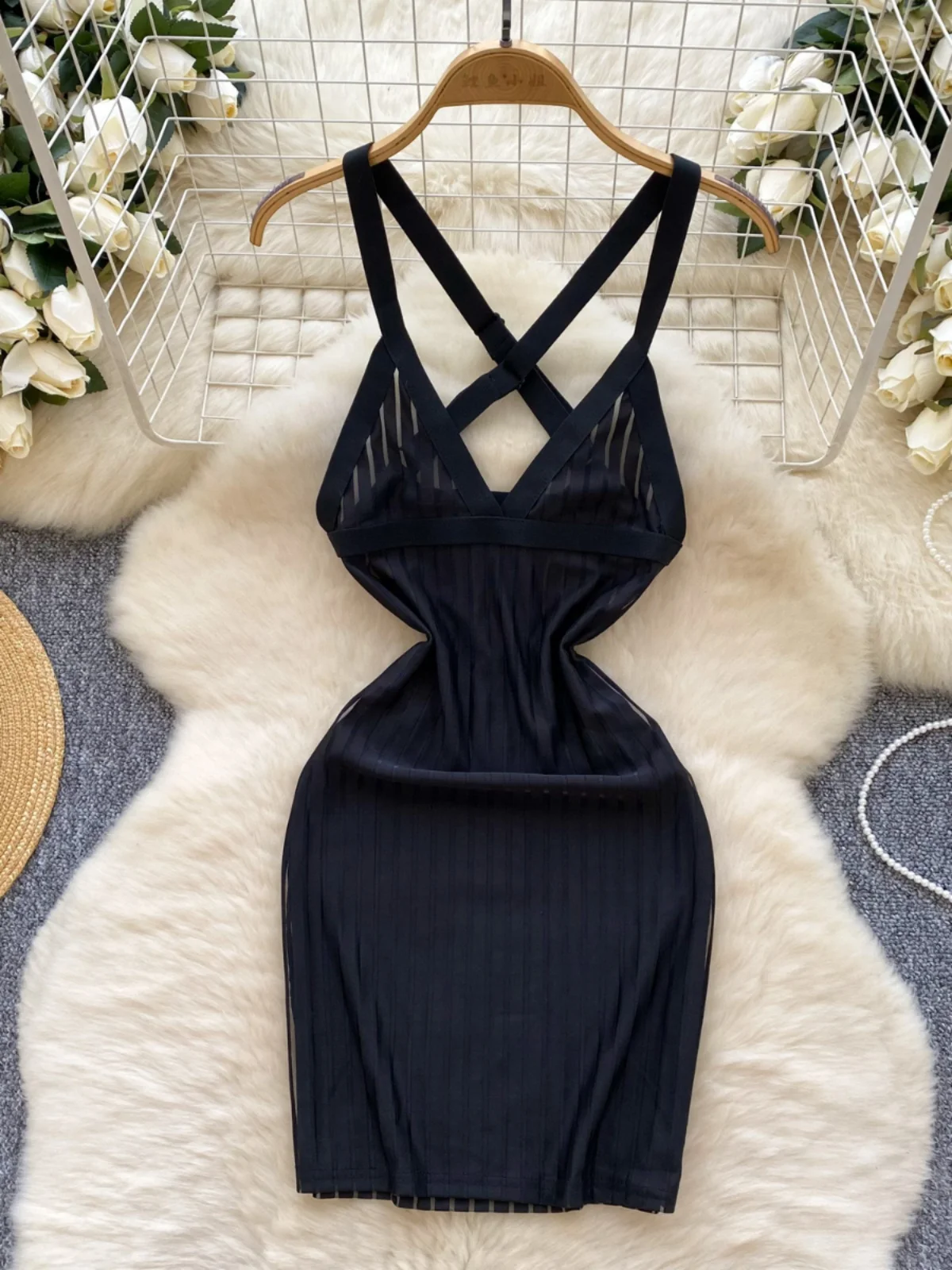 فستان نسائي ضيق بحمالات للربيع والصيف، تصميم شبكي مفتوح الظهر، تنورة ضيقة بأسلوب كوري على شكل حرف A #1