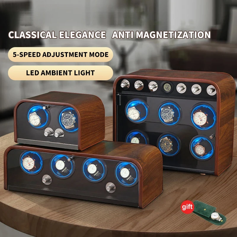 Retro Automatic Watch Winder with Wooden Texture And Blue LED Light Mute Motor Shaker Box for Men And Women