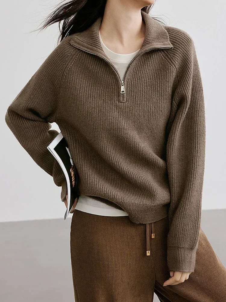 เสื้อสเวตเตอร์ผู้หญิง แขนยาว ซิป คอปก ผ้าถัก สไตล์ลำลอง ทรงหลวม รุ่นปี 2025 เสื้อกันหนาวโอเวอร์ไซส์สำหรับผู้หญิง