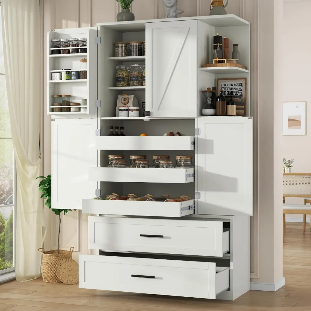 

66.9 Farmhouse Kitchen Pantry Cabinet, 5 Drawers Storage Cabinet with 4 Side Shelves & 6 Door Shelves, Freestanding Hutch