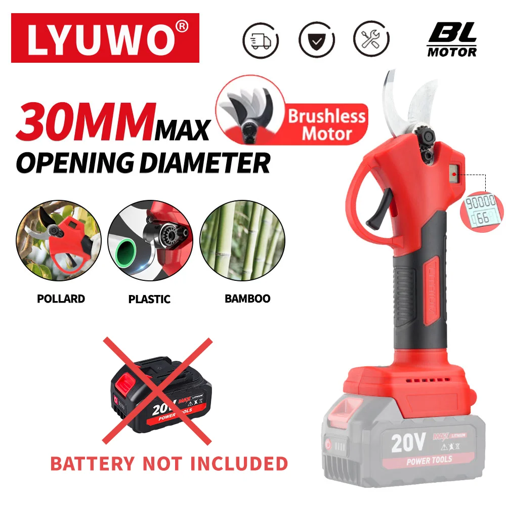 LYUWO 21V 30mm Brushless Digital Wireless Pruning Shears, Fruit Tree Potted Plant Repair Electric Tool, Battery Not Included