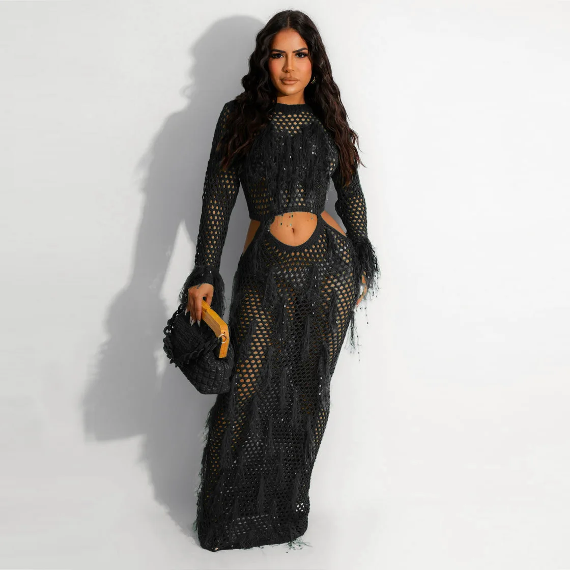 

Сексуальное пляжное платье ручной вязки с длинными бахромами из полиэстера, имитирующего мех, женское платье с завышенной талией, в стиле юбки-карандаш, лето 2023, производство Китай