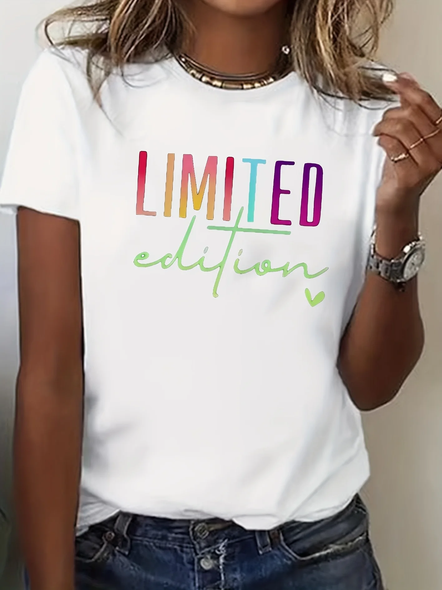 Limited Edition Printed Short Sleeve Fashionable Letter Print Women'S Round Neck T-Shirt Comfort Fit Minimalist Design Trendy