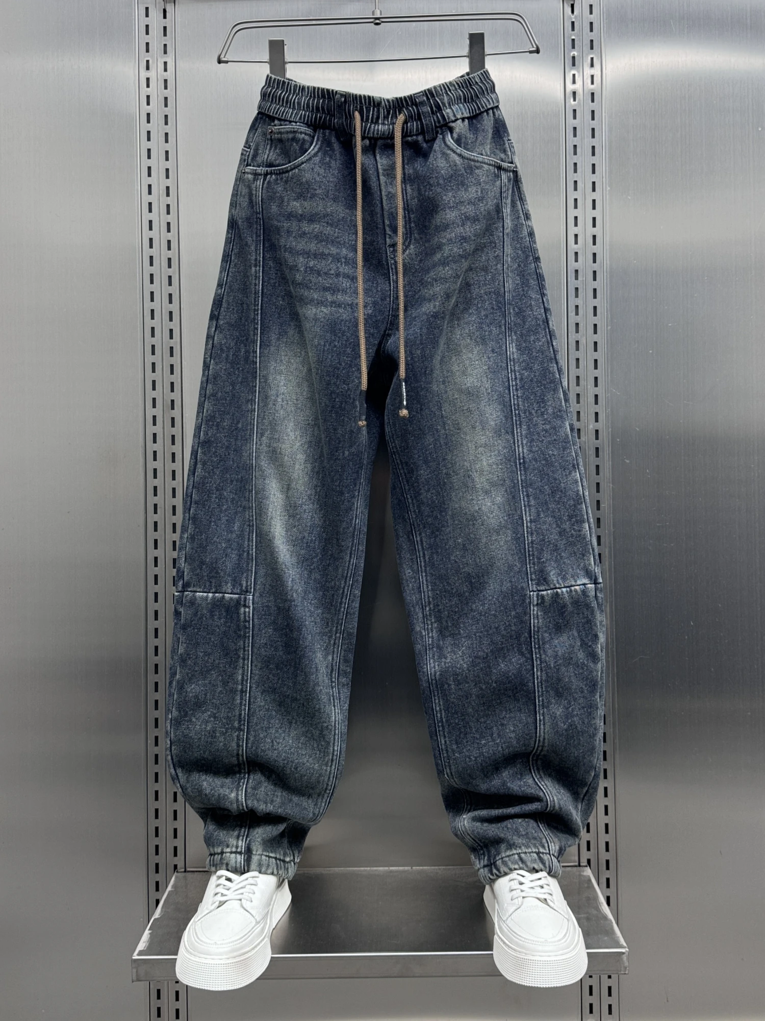 

Мужские джинсы в американском стиле с флисовой подкладкой, повседневные, с пэчворком, свободного прямого кроя, широкие брюки для осени и зимы