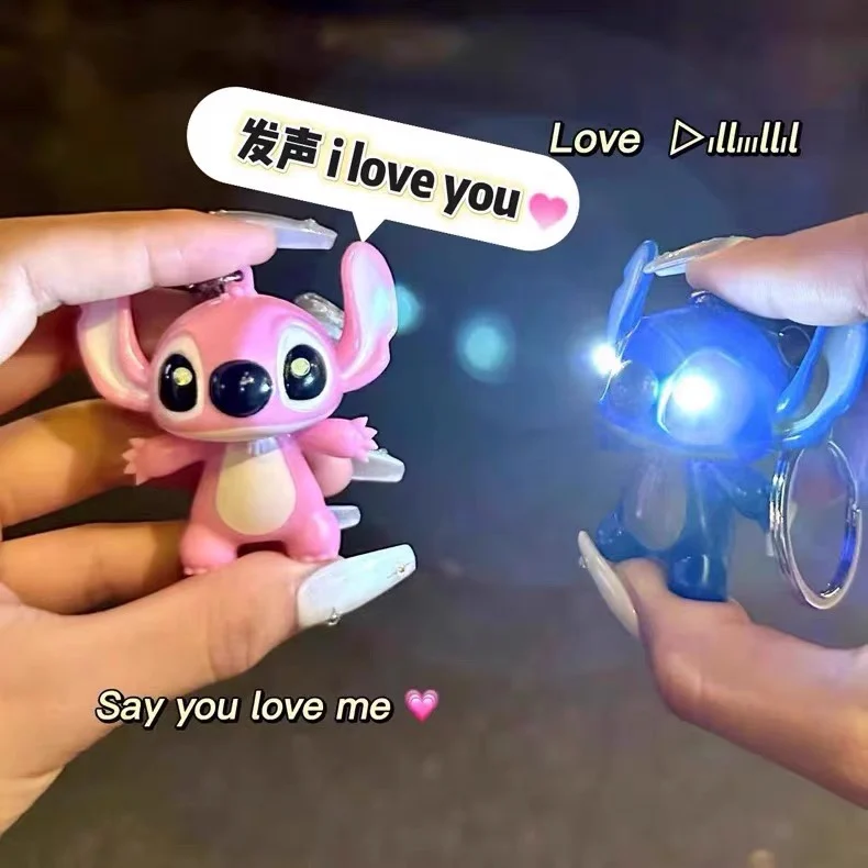 Disney Anime Lilo & Stitch LED Luminous Keychain Stitch Model Doll Can Say “I Love You” Action Figures Bag Pendant Kids Toy Gift