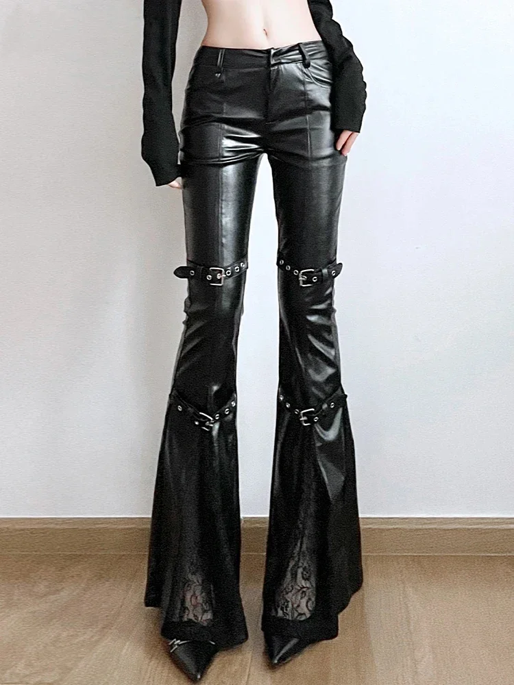 Women Autumn Winter Fashion Ladies Punk Trousers Sexy Patchwork Pu Leather Flare Pants Casual Slim Low-Waisted Pants Streetwear