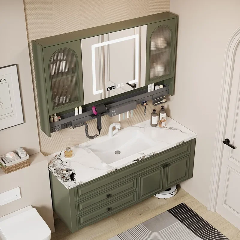 newAmerican bathroom cabinet combination rock slab seamless integrated basin French bathroom solid wood washstand face wash