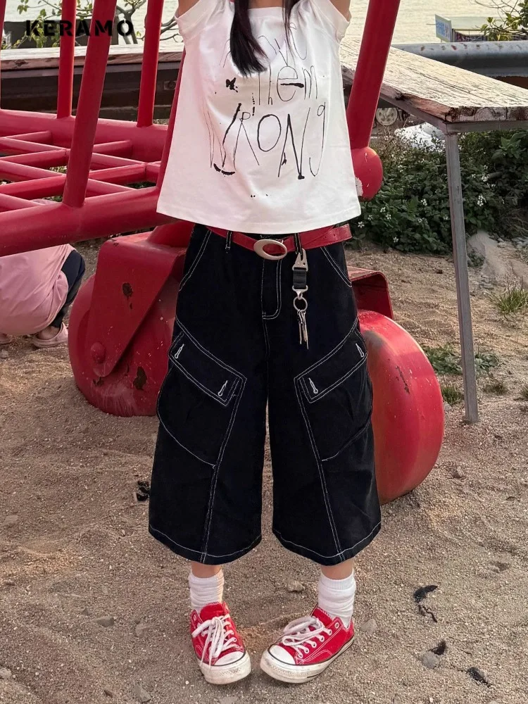 American Vintage High Street Jeans Y2K Harajuku Solid Pockets Denim Trouser 2025 Summer Women's Grunge Casual 2000s Pants