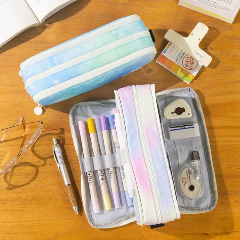 Kantong Gadget spidol tiga lapis gradien, tas pena warna gradien, kapasitas ritsleting portabel untuk anak perempuan, perlengkapan sekolah Ideal, kantong Gadget penanda