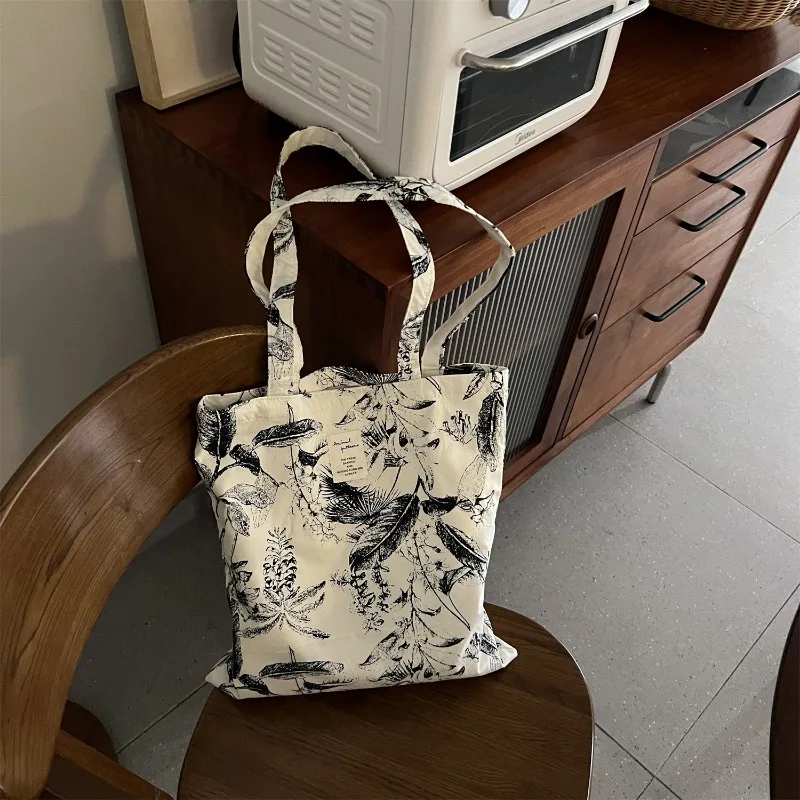 Ink Painting Literary and Elegant Diagonally Slung Single Shoulder Cotton Cloth Bag Canvas Bag Women's Double-layer Thickened