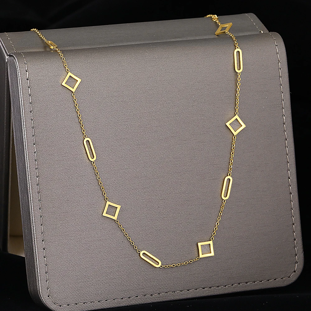 Stainless Steel Necklaces Minimalist Geometric Hollow Square Paper Clip Design Korean Fashion Necklace For Women Jewelry Gifts