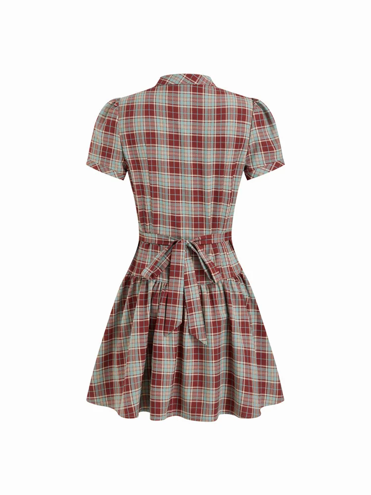 Summer retro college style dress, daily plaid diagonal buckle pleated waist strap, bubble sleeve mini shirt skirt