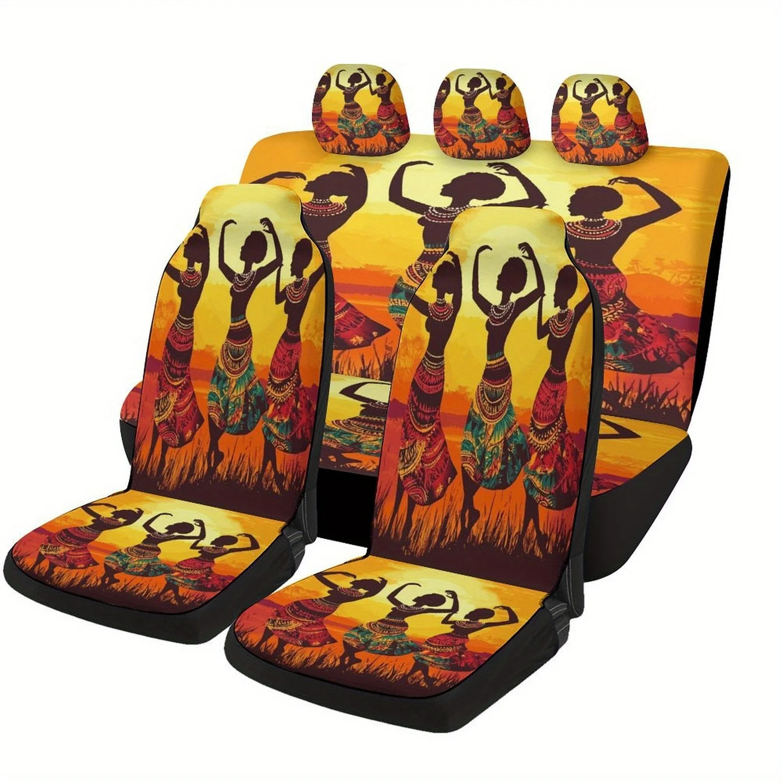 African Dancers At Sunset Themed Car Seat Cover Set For Most Cars, Fashion Novelty Car Seat Protector Covers Full Set, Universal