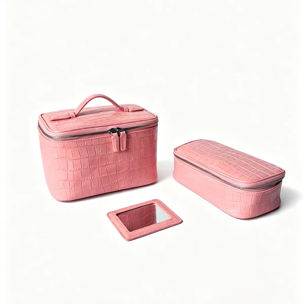 Geprägter Kosmetikbeutel aus Leder mit Krokodil-Optik, großer Stauraum, mehrere Taschen, Handtaschen-Organizer für Toilettenartikel, Reise, rosa Ausführungen. – Detail 10