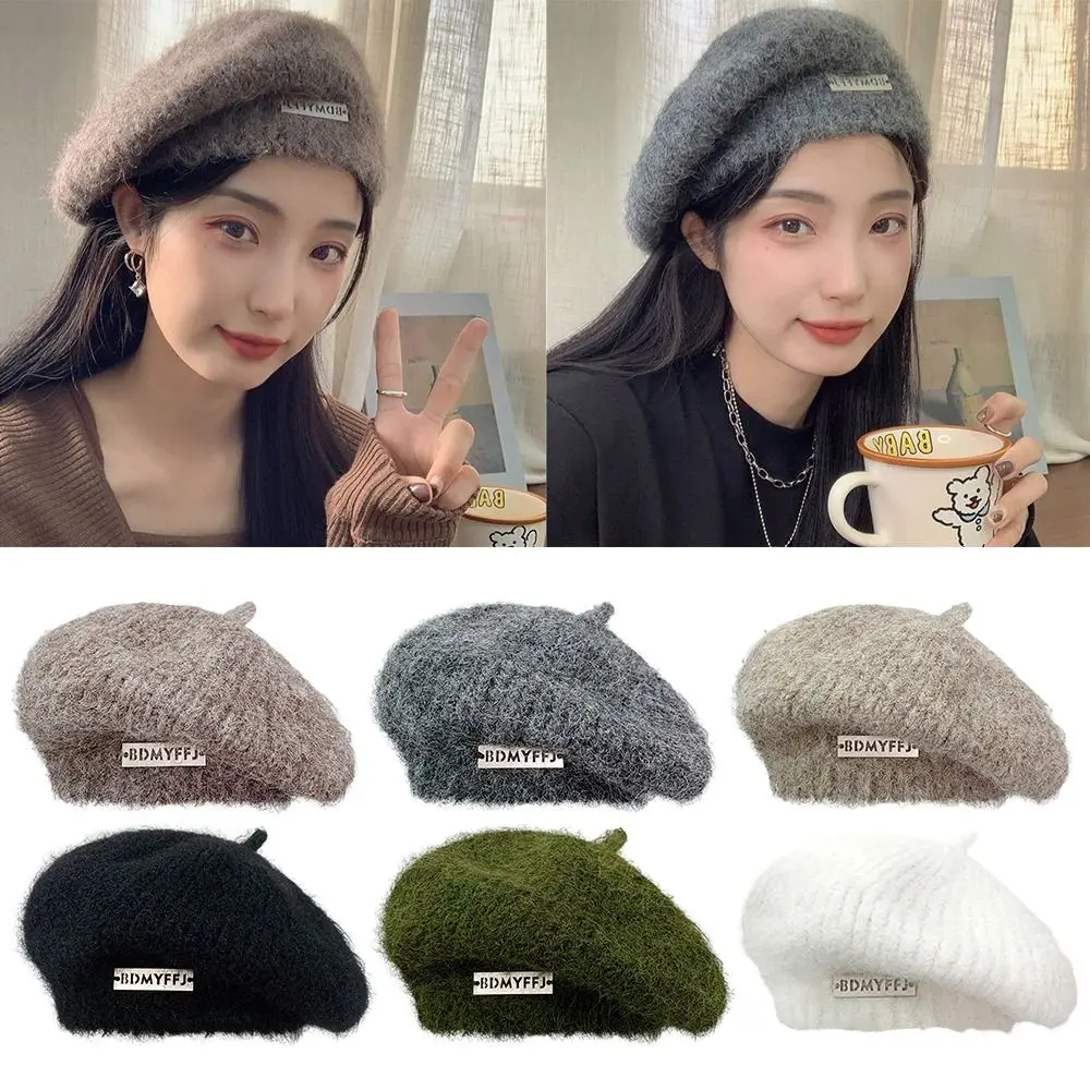 Versatile Plush Painter Hat Warm Knitted Woolen Thread Hat Solid Color Knitted Beret Women Woolen Thread Hat Painter Hat