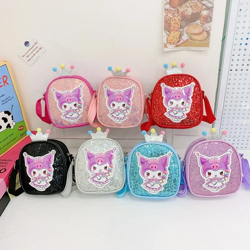 Sanrio Kuromi PU Sequins Shoulder Bag for Girls Kawaii Glitter Crown Crossbody Bag Purse Earphone Phone Storage Bags Gifts