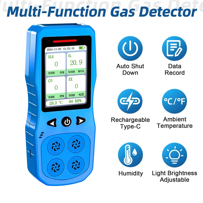 

ABKO-4 Gas Leak Detector With Sound,Light& Vibration Alarm, Gas Monitor For O2,CO H2S,Combustible Gas Tester, US PLUG