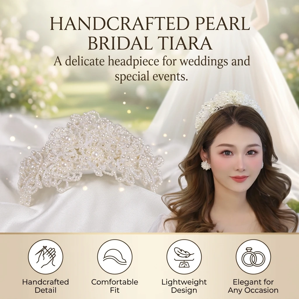 Elegant Pearl Crown Headpiece Handwoven Bridal Tiara for Wedding Party Banquet Photography Accessories Lightweight White