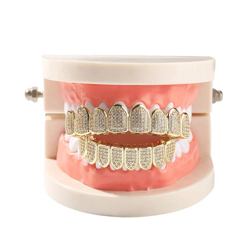 Hip Hop Bling Iced Out 5A+ CZ Stone Flat Teeth Grillzs for Men Women Halloween Rapper Jewelry Gold Silver Color