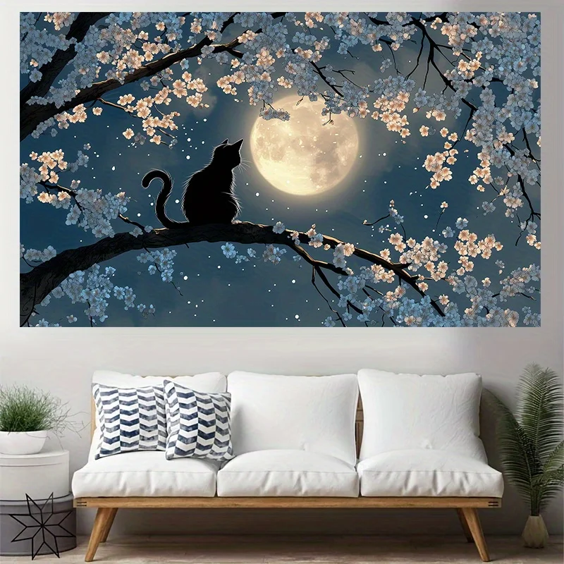 1pc Black Cat Tapestry/Romantic Night Scene with Silhouette of Cat on Branch, Cherry Blossom Full Moon, Polyester Wall Hanging f