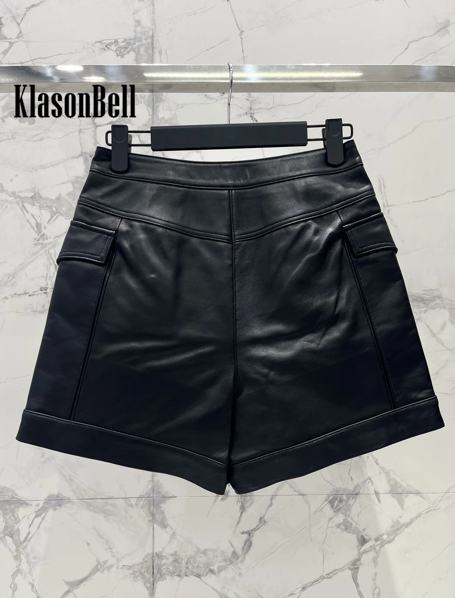 8.6 KlasonBell Women\'s Classic Double Breasted Gold Button Pocket Decoration Sheepskin Shorts High Waist Versatile Shorts