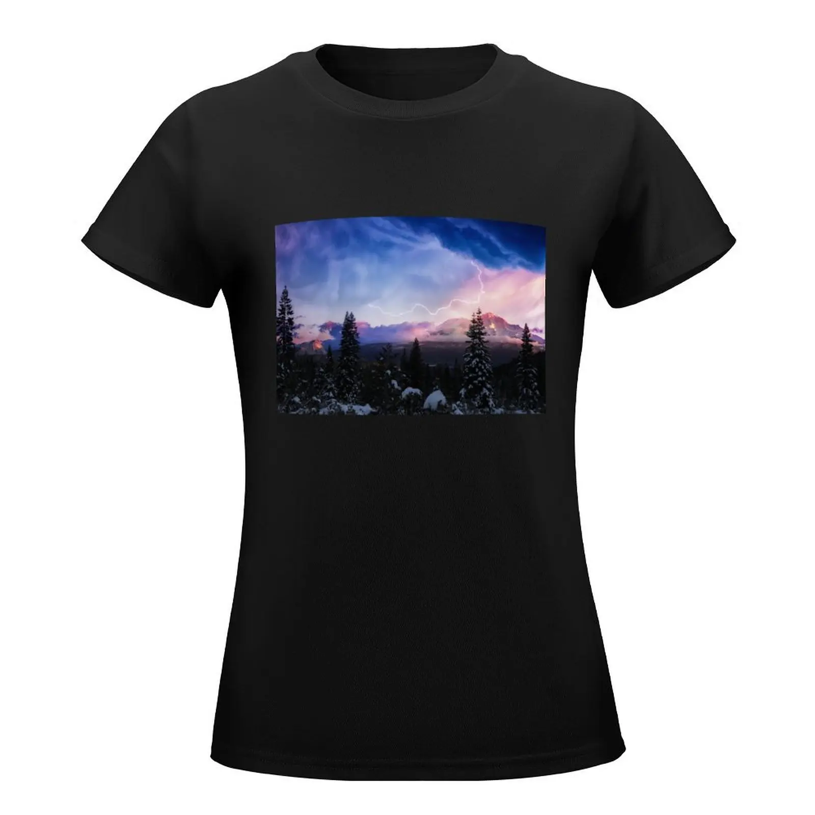 Stormy Skies Lightning Over Mt. Shasta T-Shirt aesthetic clothes Blouse cute tops t shirt Women