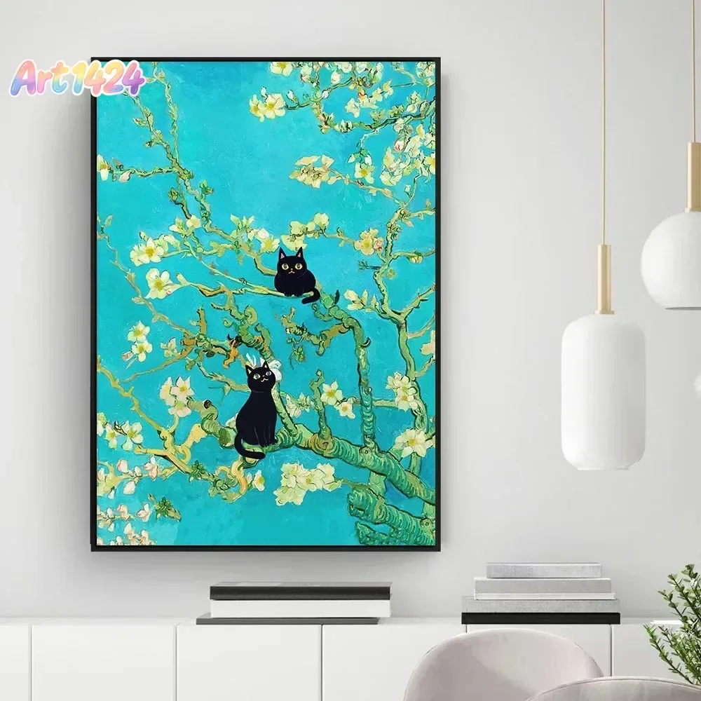 Funny Black Cat Van Gogh Starry Night Wall Art Aesthetics Print Canvas Painting Posters for Living Room Modern Home Decor