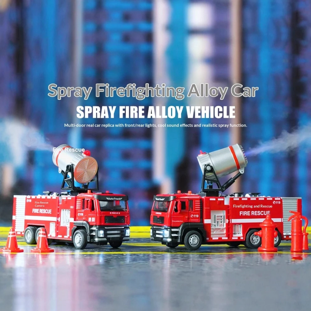 Coche modelo de motor de bomberos de aleación 1:50 50001P, vehículo de juguete de agua pulverizada con luz de sonido de simulación para niños