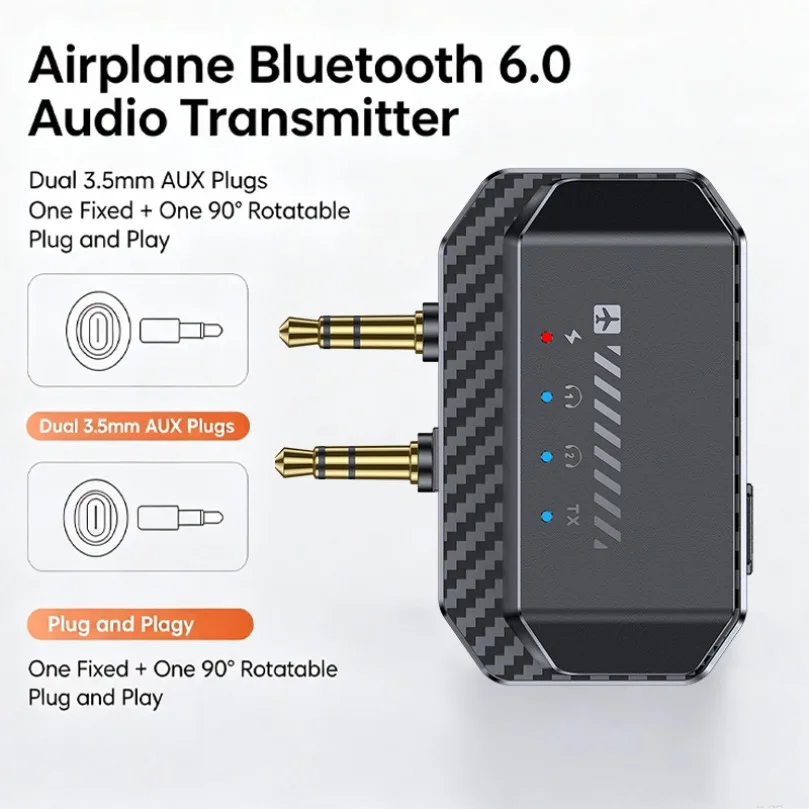 Transmissor de Áudio Sem Fio GT36 6.0 para Avião, Dupla Entrada AUX, Bateria de 180mAh, Emparelhamento com Fones de Ouvido para TV, Switch, Laptop, Esteira e Viagens