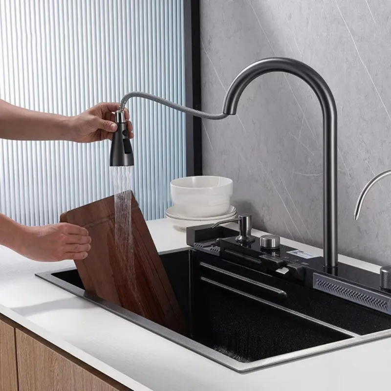 Thickened Piano Key Multifunction Sink Anti-Scratch LED Digital Display Waterfall Kitchen Sink With Cup Washer