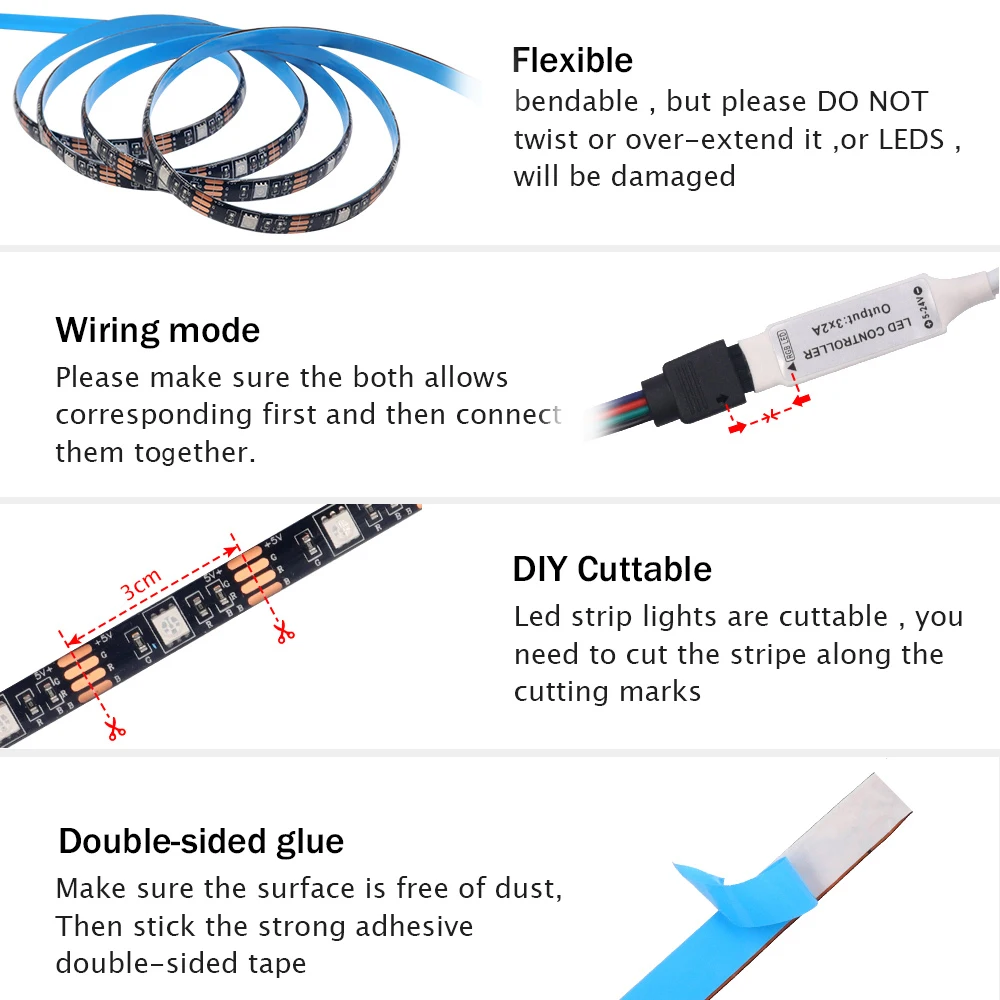 Bande lumineuse LED RVB étanche avec interrupteur, kit de télécommande d'alimentation par batterie, ruban flexible, décoration de la maison, 5V, 5050