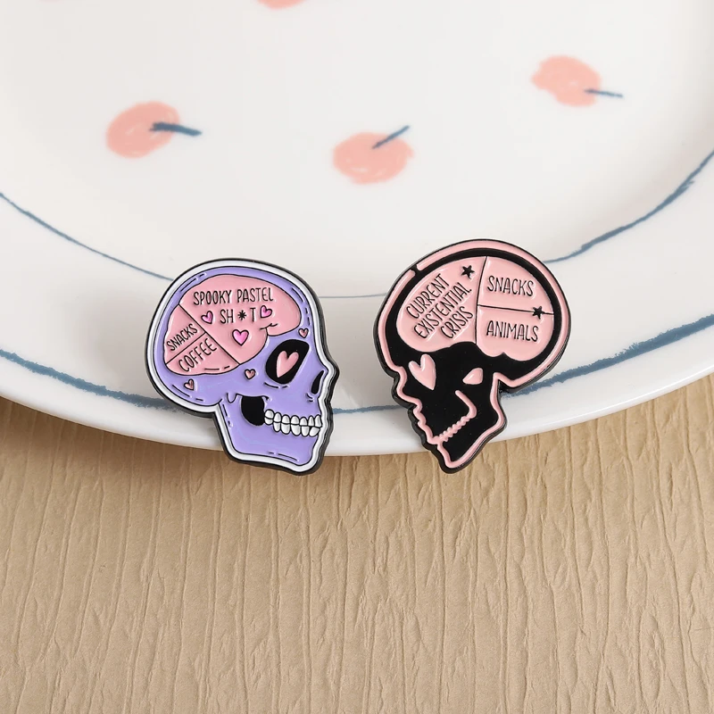 Spooky Pastel Aesthetic Skeleton Enamel Pins Punk Skull Current Existential Crisis Snacks Coffee Brooch Bags Lapel Badge Jewelry